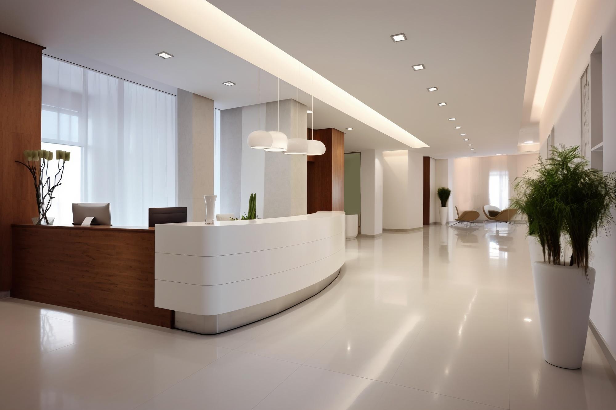 Bright, modern clinic reception with a white front desk